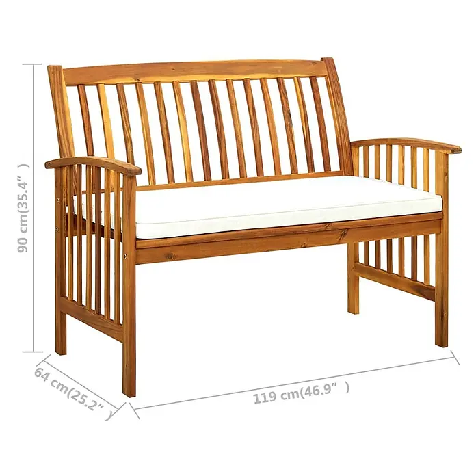 Furnicato Gartenbank Akazien-Massivholz - B x T x H: 119 x 64 x 90 cm, Creme - Holz Gartenbank mit Lattenrost und weißem Kissen, Maße: H 90cm, B 119cm, T 64cm.