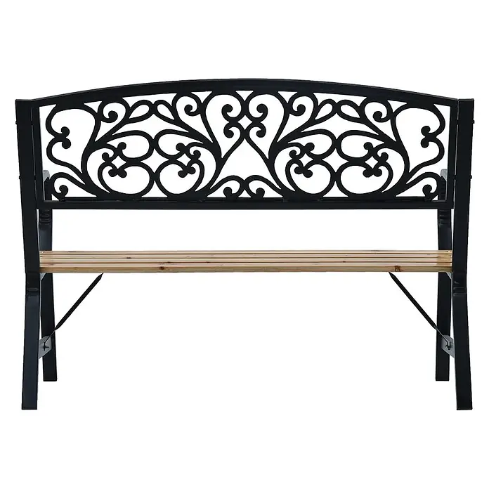 Furnicato Gartenbank Massivholz Gusseisen - B x T x H: 120 x 56 x 87 cm, Schwarz - Schwarze, verzierte Gartenbank aus Metall mit einer Sitzfläche aus naturbelassenem Holz.