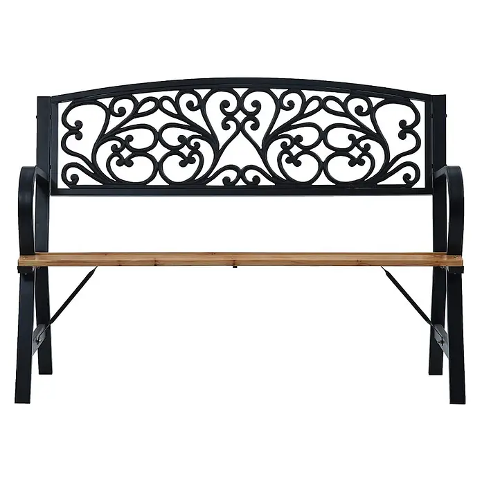 Furnicato Gartenbank Massivholz Gusseisen - B x T x H: 120 x 56 x 87 cm, Schwarz - Schwarze Metall-Gartenbank mit verschnörkeltem Rückenlehnen-Design und heller Holzlatten-Sitzfläche.