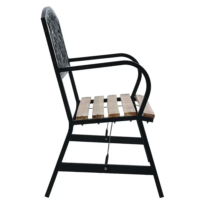 Furnicato Gartenbank Massivholz Gusseisen - B x T x H: 120 x 56 x 87 cm, Schwarz - Schwarzer Metall-Gartenstuhl mit verzierter Rückenlehne und Holzlatten-Sitzfläche.