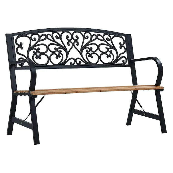 Furnicato Gartenbank Massivholz Gusseisen - B x T x H: 120 x 56 x 87 cm, Schwarz - Schwarze schmiedeeiserne Gartenbank mit verzierter Rückenlehne und Sitzfläche aus Naturholzlatten.