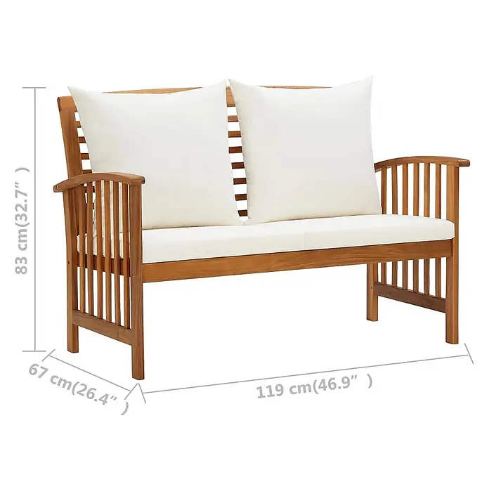 Furnicato Gartenbank Akazien-Massivholz geölt - B x T x H: 67 x 119 x 83 cm, Braun und Creme - Zweisitzige Gartenbank aus braunem Akazienholz mit weißen Kissen.