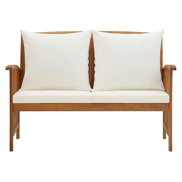 Furnicato Gartenbank Akazien-Massivholz geölt - B x T x H: 67 x 119 x 83 cm, Braun und Creme - Hölzerne Zweisitzer-Gartenbank mit bequemen weißen Kissen.