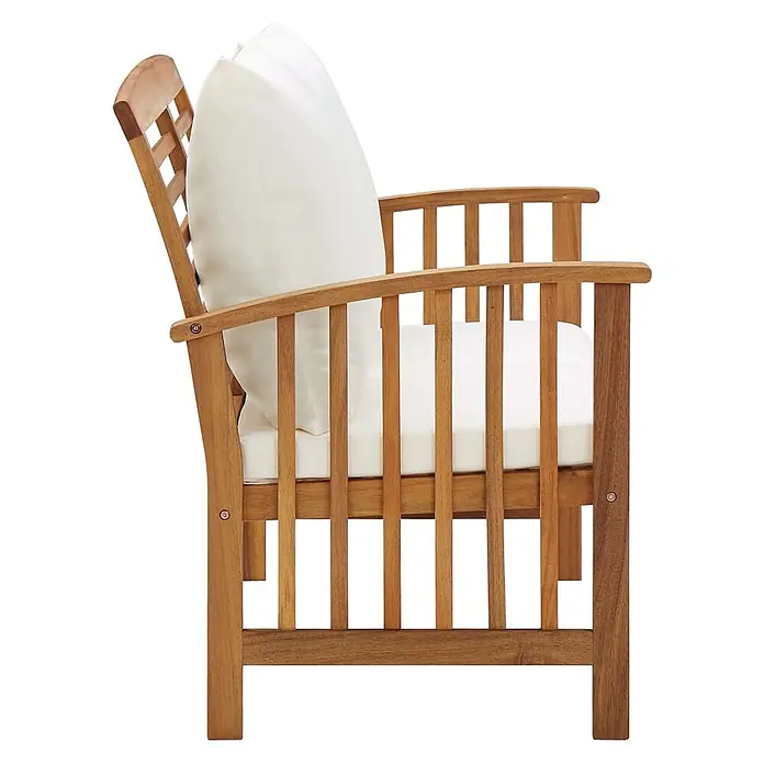 Furnicato Gartenbank Akazien-Massivholz geölt - B x T x H: 67 x 119 x 83 cm, Braun und Creme - Heller Holz-Gartensessel mit weißen Sitz- und Rückenkissen.
