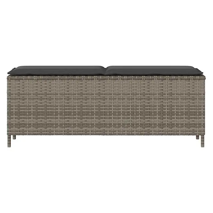 Furnicato Gartenbank PE-Rattan - B x T x H: 110 x 30 x 40,5 cm, Grau und Dunkelgrau - Graue Rattan-Sitzbank für den Außenbereich mit schwarzen Kissen.
