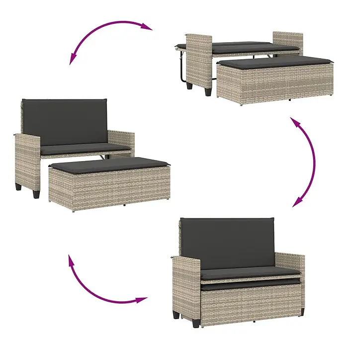 Furnicato Gartenbank PE-Rattan - B x T x H: 122 x 115 x 61,5 cm, Hellgrau - Modulare hellgraue Rattan-Gartenmöbel, Transformation zwischen Sofa, Essgruppe und kompakter Lagerung.