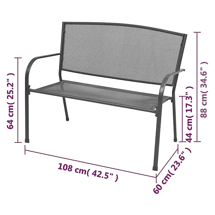Furnicato Gartenbank pulverbeschichtet Anthrazit - B x T x H: 108 x 60 x 88 cm, Anthrazit - Dunkelgraue Metall-Gartenbank mit Netzdesign, Armlehnen und Rückenlehne, mit Maßen.