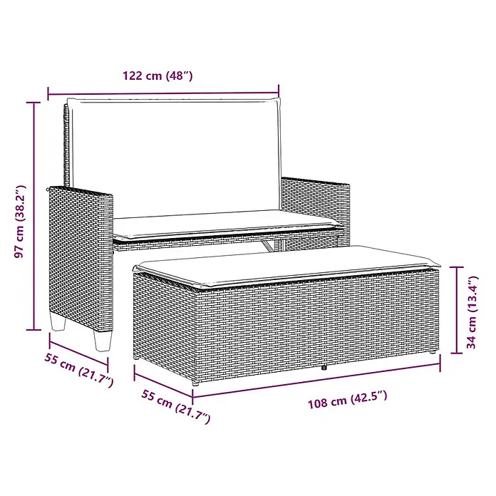 Furnicato Gartenbank - B x T x H: 55 x 55 x 97 cm, Schwarz - Geflecht-Gartenlounge-Set mit Zweisitzer-Sofa und passendem Hocker mit Kissen.