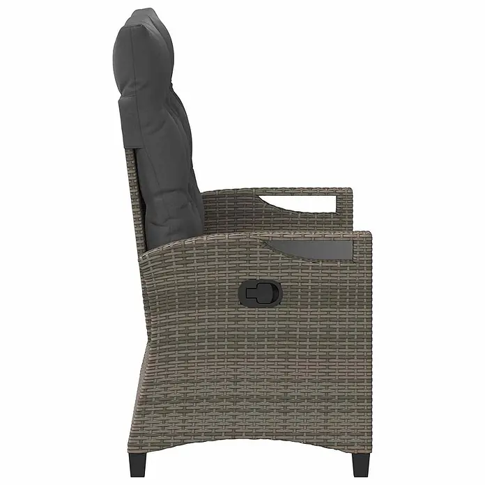 Furnicato Gartenbank - B x T x H: 60 x 60 x 112 cm, Grau und Dunkelgrau - Seitenansicht eines grauen Polyrattan-Gartenliegestuhls mit dunkelgrauen Kissen und Verstellhebel.