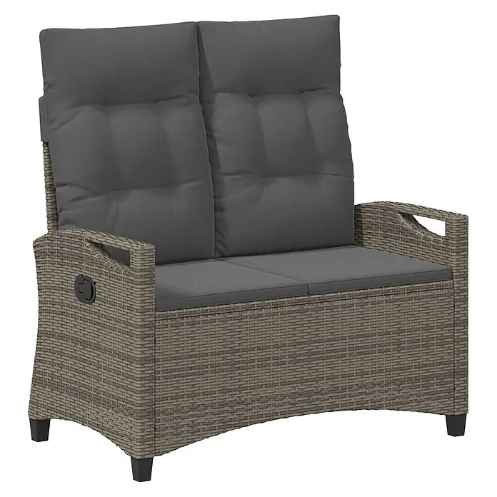 Furnicato Gartenbank - B x T x H: 60 x 60 x 112 cm, Grau und Dunkelgrau - Graues Polyrattan Zweisitzer-Gartenliegesofa mit dunkelgrauen Kissen.