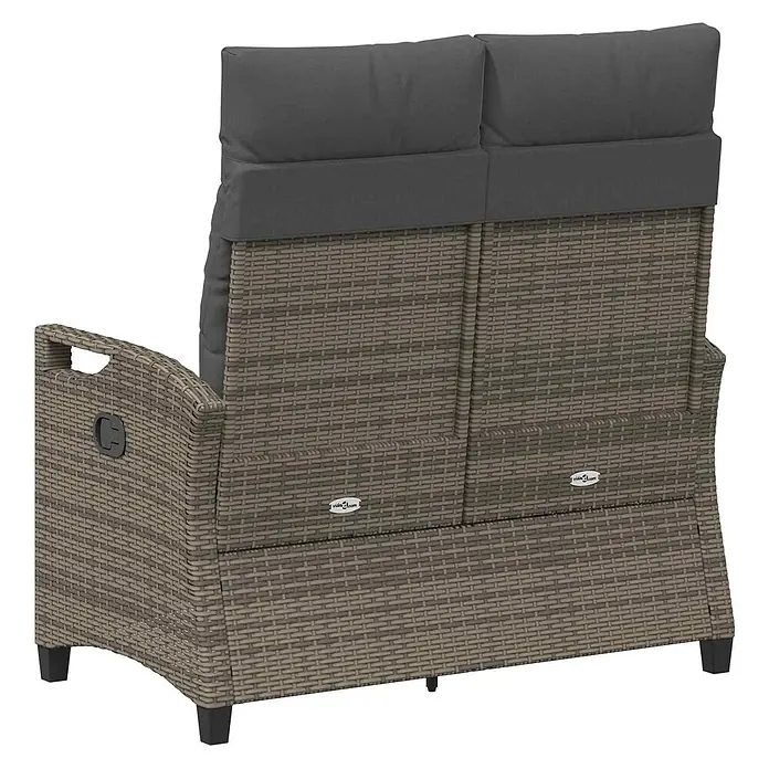 Furnicato Gartenbank - B x T x H: 60 x 60 x 112 cm, Grau und Dunkelgrau - Braunes Rattan 2-Sitzer Gartensofa mit dunkelgrauen Kissen, von hinten gesehen.