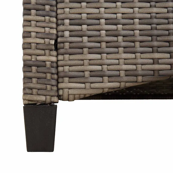 Furnicato Gartenbank - B x T x H: 60 x 60 x 112 cm, Grau und Dunkelgrau - Nahaufnahme einer grau-braun geflochtenen Rattan-Möbelecke mit einem dunkelbraunen, sich verjüngenden Bein.