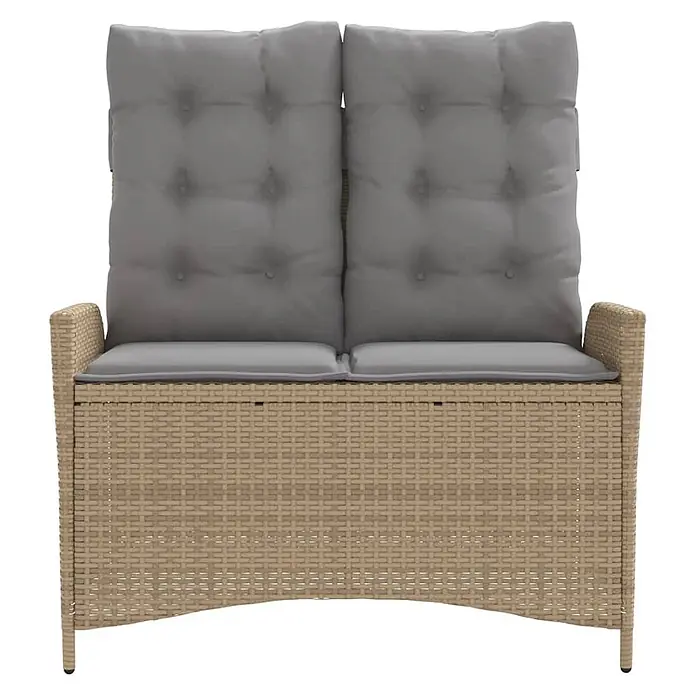 Furnicato Gartenbank - B x T x H: 86 x 86 x 93 cm, Beige und Grau - Hellbraune 2-Sitzer Gartenbank in Rattan-Optik mit Stauraum und grauen Sitz- und Rückenkissen.