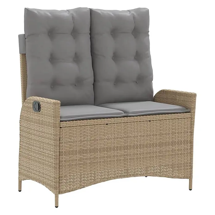 Furnicato Gartenbank - B x T x H: 86 x 86 x 93 cm, Beige und Grau - Beige Polyrattan-Gartenbank für zwei Personen mit grauen getufteten Kissen und verstellbaren Rückenlehnen.