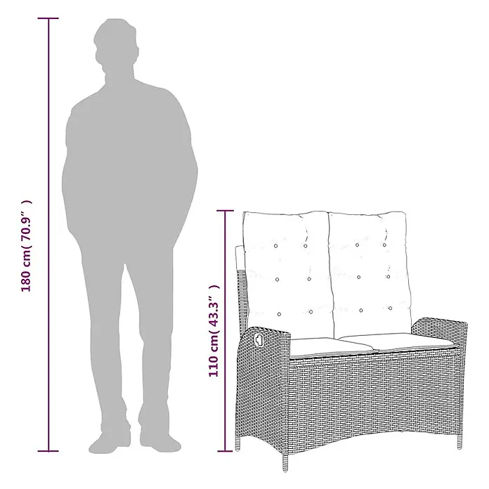 Furnicato Gartenbank - B x T x H: 59 x 86 x 93 cm, Grau - Zweisitzer-Gartenbank im Rattan-Stil mit Kissen, 110 cm hoch, neben einer Person zur Größenanzeige.