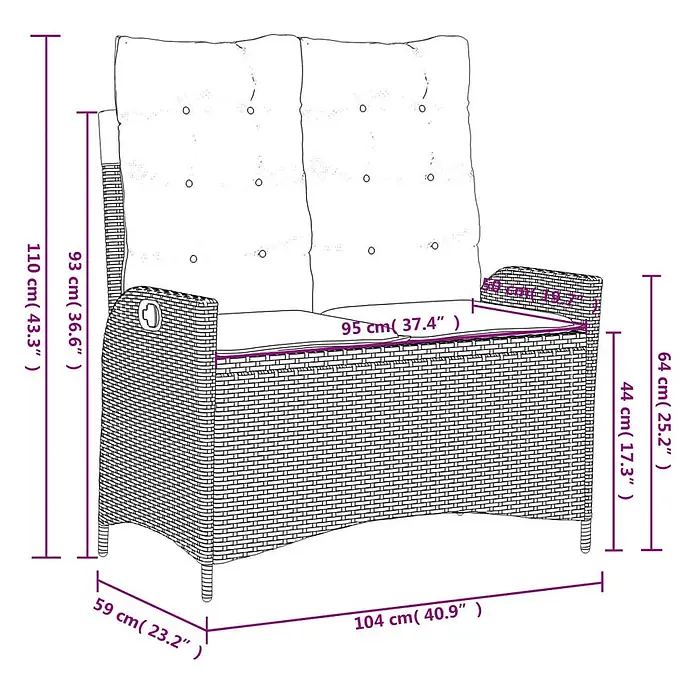 Furnicato Gartenbank - B x T x H: 59 x 86 x 93 cm, Grau - Rattansessel mit hellen Polstern, detaillierte Maße für Höhe, Breite und Tiefe.