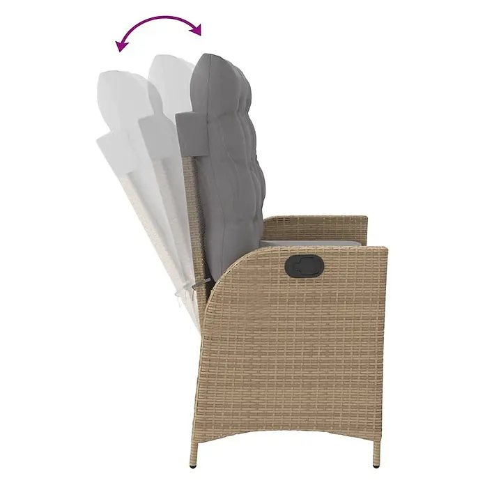 Furnicato Gartenbank - B x T x H: 86 x 86 x 93 cm, Beige und Grau - Beigefarbener Gartensessel im Rattan-Look mit grauen Kissen und verstellbarer Rückenlehne, durch Pfeil-Animation dargestellt.