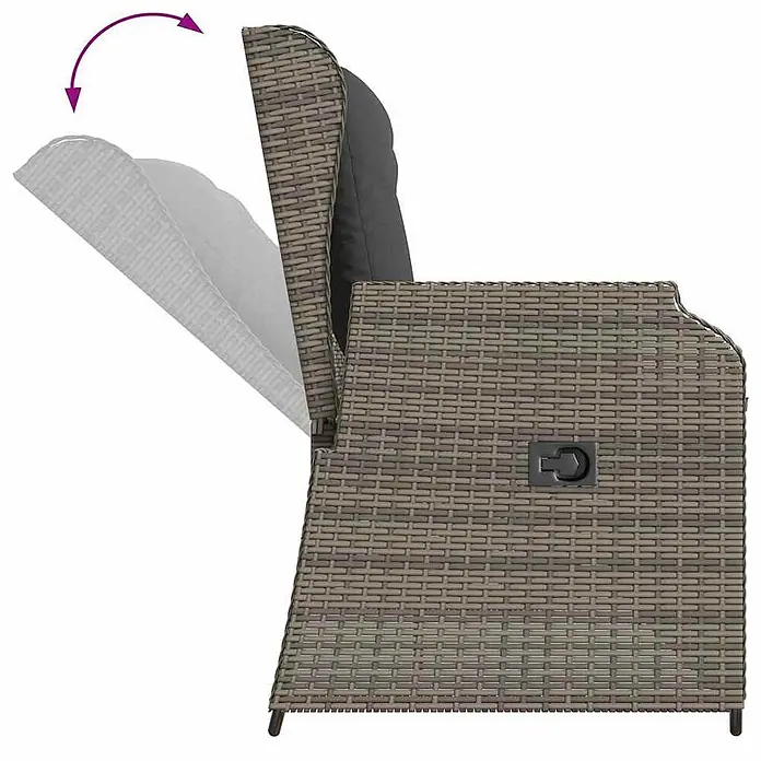 Furnicato Gartenbank - B x T x H: 95 x 95 x 95 cm, Grau - Grauer Rattan-Gartenliegestuhl mit grauem Kissen und verstellbarer Rückenlehne, beim Verstellen dargestellt.