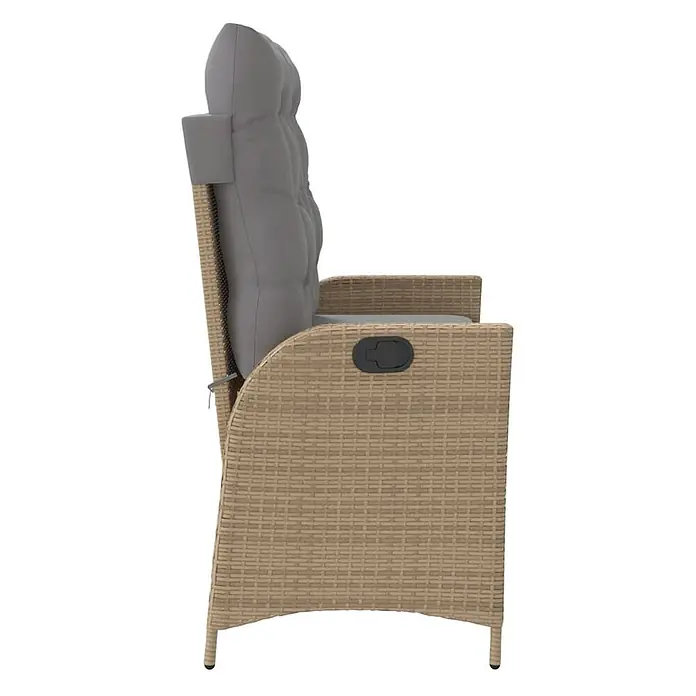 Furnicato Gartenbank - B x T x H: 86 x 86 x 93 cm, Beige und Grau - Seitenansicht eines hellbraunen Rattan-Gartenliegestuhls mit grauen Kissen und einem Liegegriff.
