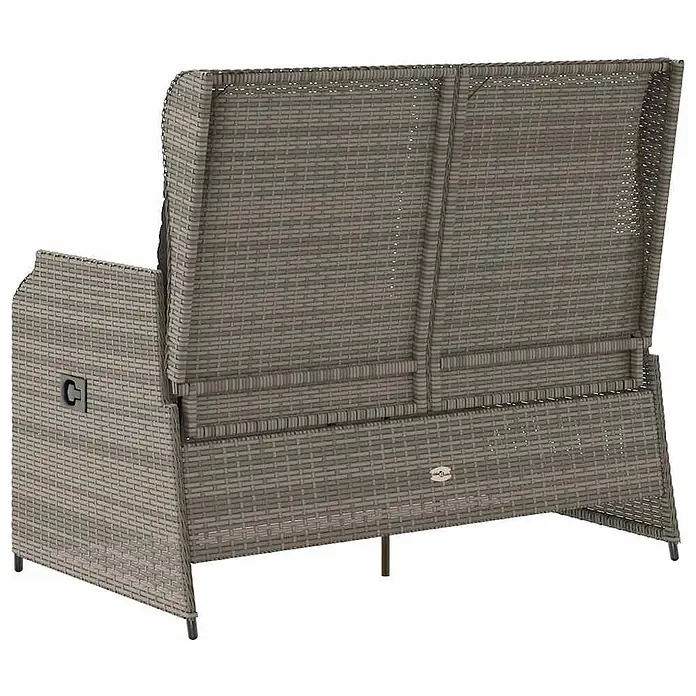 Furnicato Gartenbank - B x T x H: 95 x 95 x 95 cm, Grau - Rückansicht eines grauen Polyrattan-Gartensofas oder einer Liege, mit seiner gewebten Textur und hoher Rückenlehne.