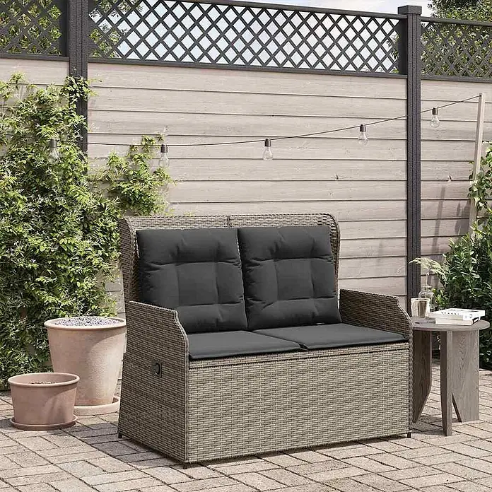 Furnicato Gartenbank - B x T x H: 95 x 95 x 95 cm, Grau - Graue Rattan-Optik Outdoor-Sitzbank mit Stauraum und dunkelgrauen Kissen, für die Terrasse.