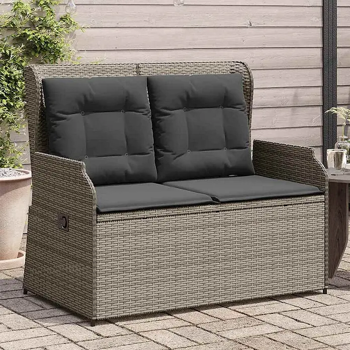 Furnicato Gartenbank - B x T x H: 95 x 95 x 95 cm, Grau - Outdoor-Zweisitzer-Bank aus Rattan-Optik mit dunkelgrauen Kissen, bietet gemütlichen Sitzplatz und Stauraum auf der Terrasse.