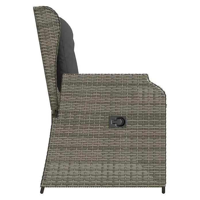 Furnicato Gartenbank - B x T x H: 95 x 95 x 95 cm, Grau - Seitenansicht eines grauen Rattan-Gartensessels mit dunkelgrauem Kissen, Armlehne und schwarzem Neigungsmechanismus.