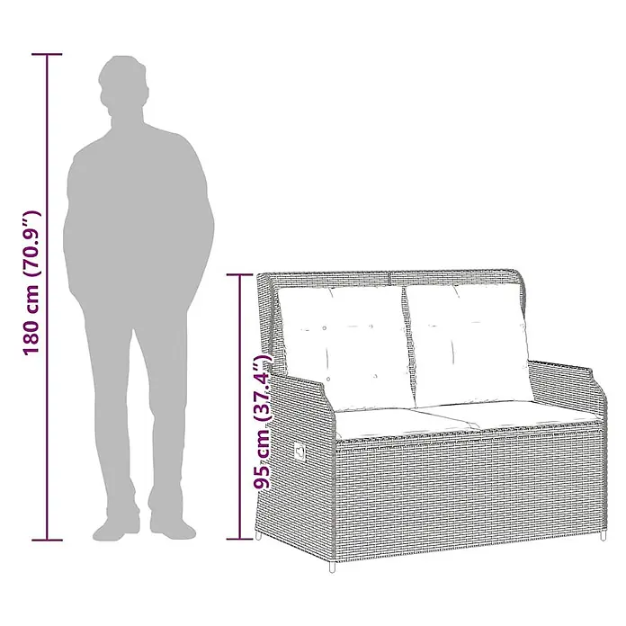 Furnicato Gartenbank - B x T x H: 95 x 95 x 95 cm, Grau - Zweisitzer-Rattansofa mit Kissen, mit menschlicher Silhouette zur Größenansicht (95 cm hoch).