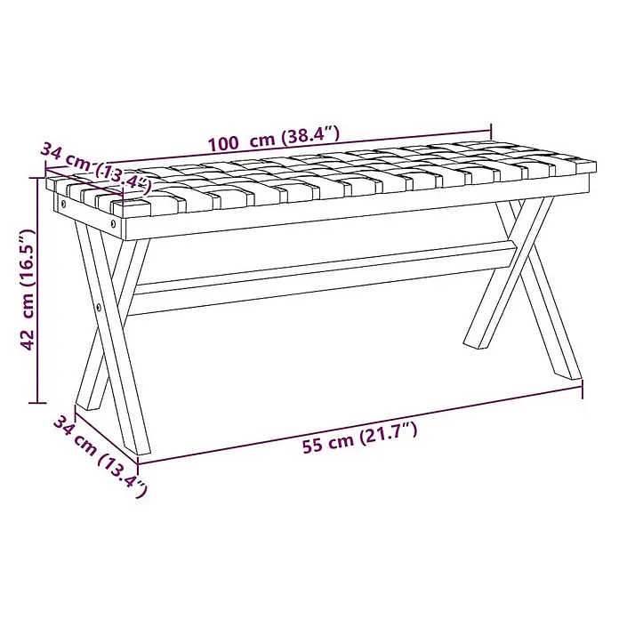 Furnicato Gartenbank Akazien-Massivholz geölt - B x T x H: 34 x 100 x 42 cm, Schwarz - Holzbank mit geflochtener Sitzfläche und kreuzförmigen Beinen. LxBxH: 100x34x42 cm.