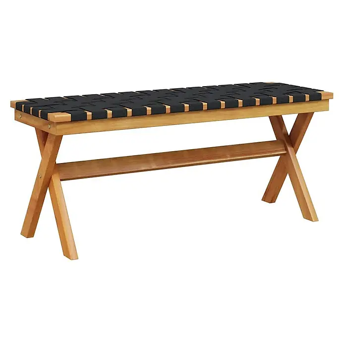 Furnicato Gartenbank Akazien-Massivholz geölt - B x T x H: 34 x 100 x 42 cm, Schwarz - Holzbank mit naturfarbenem Holzrahmen und schwarzem geflochtenen Sitz.