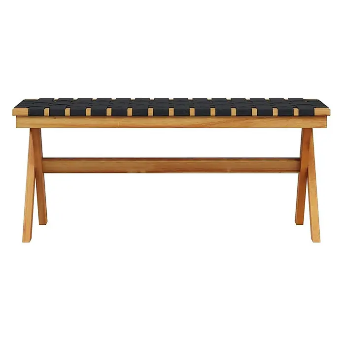 Furnicato Gartenbank Akazien-Massivholz geölt - B x T x H: 34 x 100 x 42 cm, Schwarz - Holzsitzbank mit einer geflochtenen schwarzen Gurtbespannung und schrägen Beinen.