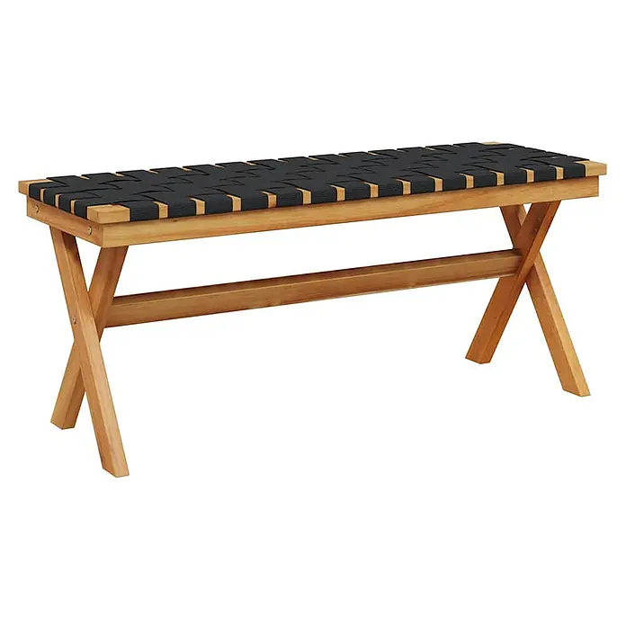 Furnicato Gartenbank Akazien-Massivholz geölt - B x T x H: 34 x 100 x 42 cm, Schwarz - Holzbank mit schwarzem geflochtenem Gurtbandsitz und X-förmigen Beinen.