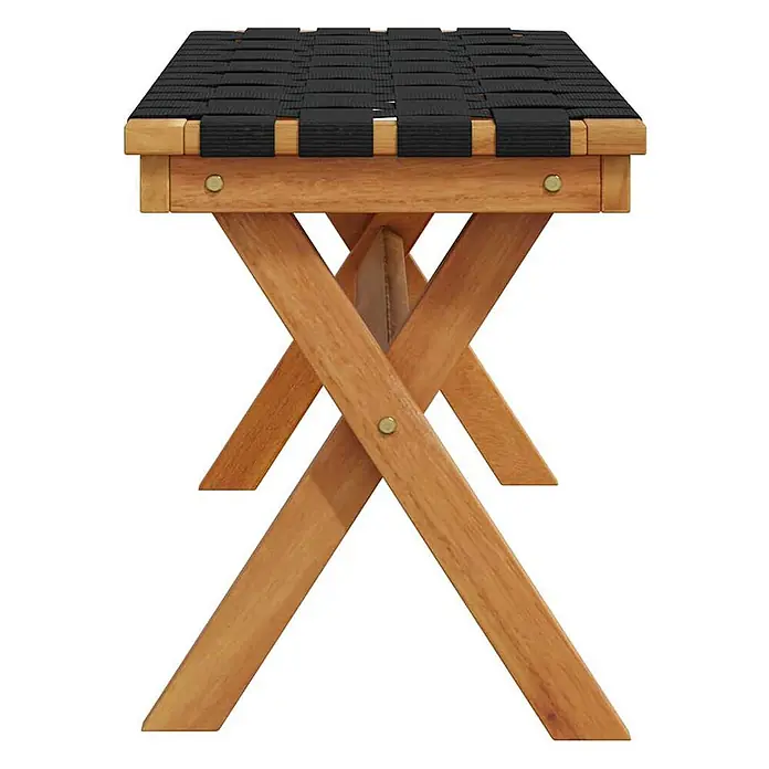 Furnicato Gartenbank Akazien-Massivholz geölt - B x T x H: 34 x 100 x 42 cm, Schwarz - Holz-Klappbank mit schwarzer Gurtbespannung und X-förmigen Beinen.