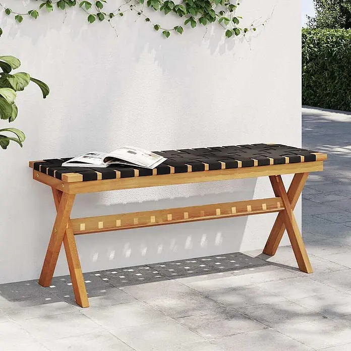 Furnicato Gartenbank Akazien-Massivholz geölt - B x T x H: 34 x 100 x 42 cm, Schwarz - Hölzerne Outdoor-Bank mit schwarzer geflochtener Sitzfläche und offenem Buch, geeignet für Terrasse oder Garten.