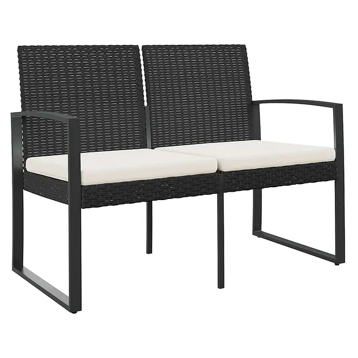 Furnicato Gartenbank PP-Rattan Anthrazit - B x T x H: 103,5 x 57 x 77,5 cm, Schwarz - Schwarze geflochtene Garten-Zweisitzerbank mit schwarzem Metallrahmen und cremefarbenen Kissen.