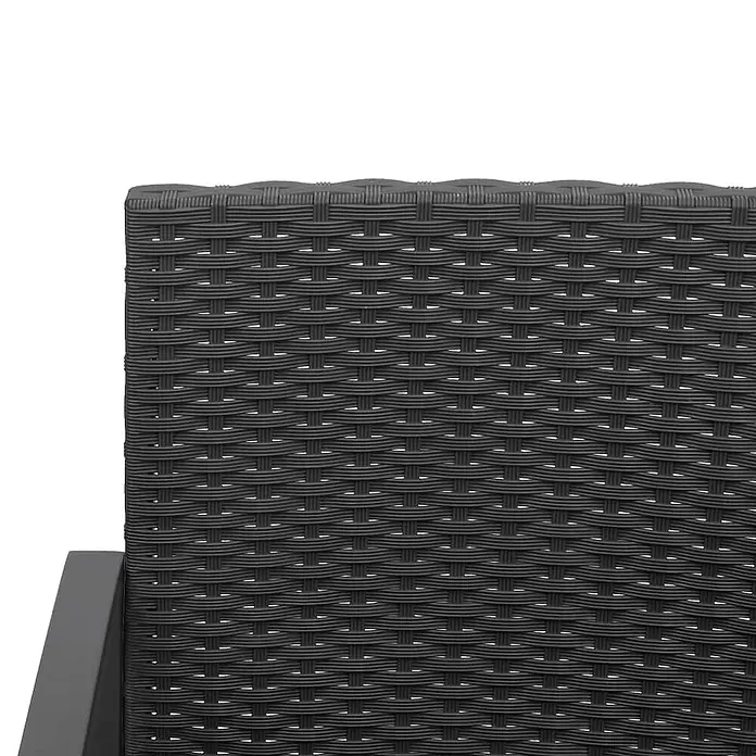 Furnicato Gartenbank PP-Rattan Anthrazit - B x T x H: 103,5 x 57 x 77,5 cm, Schwarz - Nahaufnahme einer dunkelgrauen geflochtenen Kunstfaser-Rückenlehne mit sichtbarer Armlehne.
