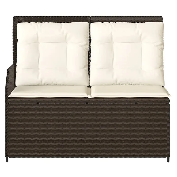 Furnicato Gartenbank - B x T x H: 95 x 110 x 95 cm, Braun - Dunkelbraune Rattan-Gartenbank für zwei Personen mit cremefarbenen Kissen und integriertem Stauraum.