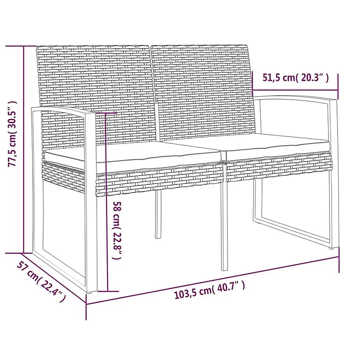 Furnicato Gartenbank PP-Rattan Anthrazit - B x T x H: 103,5 x 57 x 77,5 cm, Schwarz - Maßskizze eines zweisitzigen Outdoor-Rattansofas mit Kissen und Metallrahmen, zeigt die Maße an.
