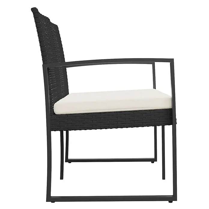 Furnicato Gartenbank PP-Rattan Anthrazit - B x T x H: 103,5 x 57 x 77,5 cm, Schwarz - Seitenansicht eines schwarzen geflochtenen Outdoor-Stuhls mit Metallrahmen und cremefarbenem Kissen.