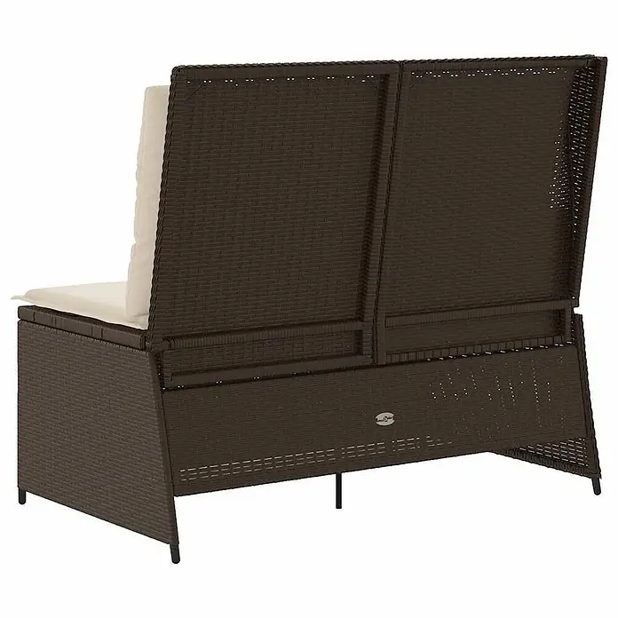Furnicato Gartenbank - B x T x H: 95 x 110 x 95 cm, Braun - Dunkelbraune Polyrattan-Gartenbank mit cremefarbenen Kissen, von hinten und der Seite gesehen.