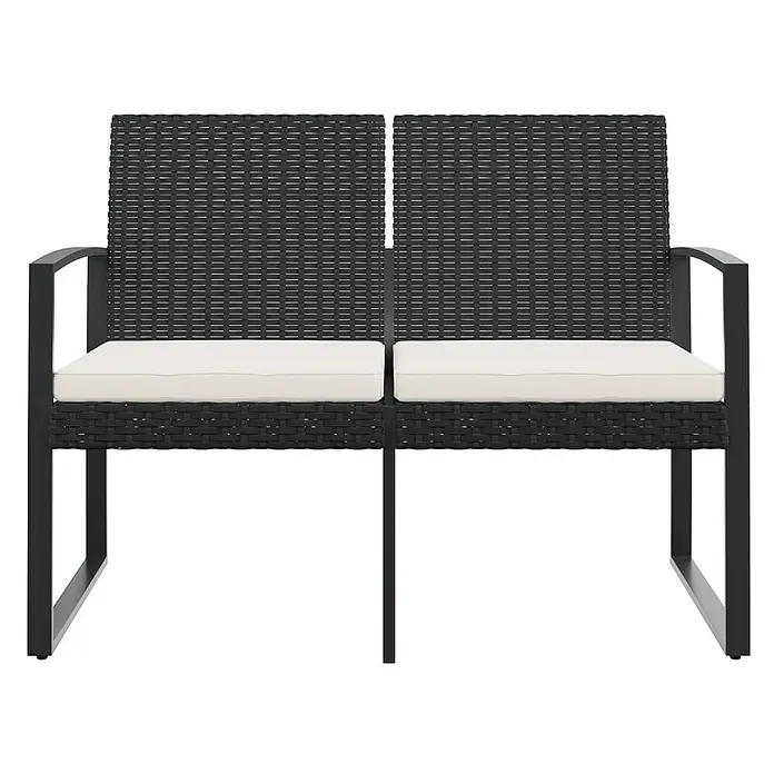 Furnicato Gartenbank PP-Rattan Anthrazit - B x T x H: 103,5 x 57 x 77,5 cm, Schwarz - Schwarze Gartenbank aus Rattan mit Metallrahmen und weißen Kissen für zwei Personen.
