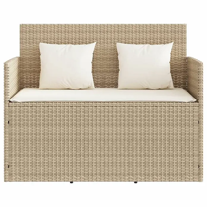Furnicato Gartenbank PE-Rattan - B x T x H: 120 x 50 x 90,5 cm, Beige und Creme - Helle beige Rattan-Gartenbank mit Stauraum und cremefarbenen Kissen.