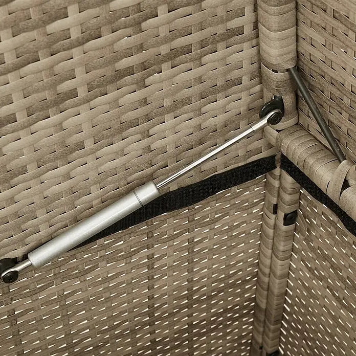 Furnicato Gartenbank - B x T x H: 120 x 50 x 90,5 cm, Beige und Creme - Silberne Gasdruckfeder als Hebehilfe in einer hellbraunen Rattan-Aufbewahrungsbox.