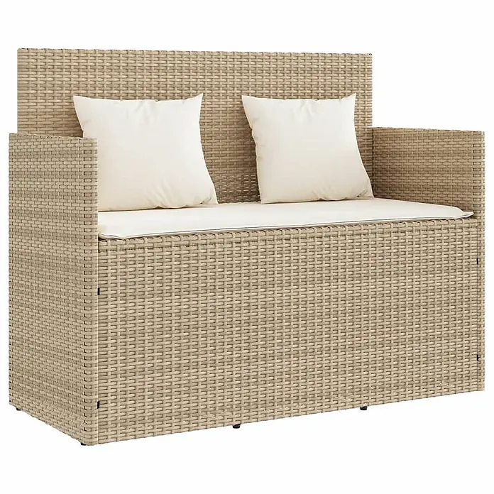 Furnicato Gartenbank PE-Rattan - B x T x H: 120 x 50 x 90,5 cm, Beige und Creme - Beige Rattan Zweisitzer Gartenbank mit cremefarbenen Sitz- und Rückenkissen.
