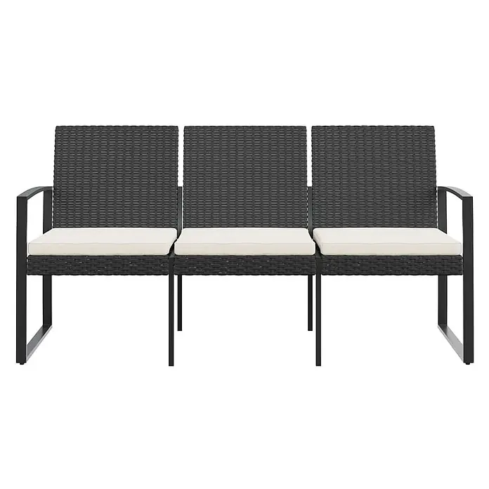 Furnicato Gartenbank PP-Rattan Anthrazit - B x T x H: 152,5 x 57 x 77,5 cm, Schwarz - Dunkelgraue Rattan-Dreisitzer-Gartenbank mit schwarzem Gestell und cremefarbenen Kissen.