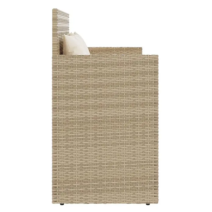Furnicato Gartenbank - B x T x H: 120 x 50 x 90,5 cm, Beige und Creme - Seitenansicht eines hellbeigen Rattan-Gartensofas mit cremefarbenem Kissen.