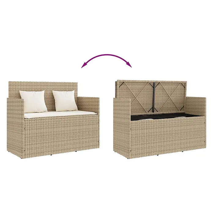 Furnicato Gartenbank - B x T x H: 120 x 50 x 90,5 cm, Beige und Creme - Beige Rattan-Aufbewahrungsbank, mit Kissen und dann mit hochgeklappter Sitzfläche, die den Stauraum zeigt.