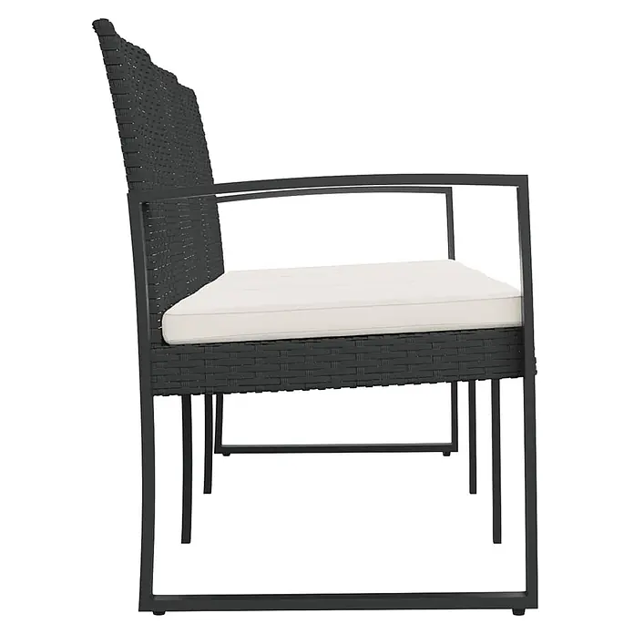 Furnicato Gartenbank PP-Rattan Anthrazit - B x T x H: 152,5 x 57 x 77,5 cm, Schwarz - Dunkelgrauer Rattan-Stuhl mit schwarzem Metallrahmen und weißem Kissen, Seitenansicht.