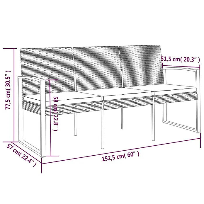 Furnicato Gartenbank PP-Rattan Anthrazit - B x T x H: 152,5 x 57 x 77,5 cm, Schwarz - Dreisitziges Polyrattan-Gartensofa mit Sitzkissen.