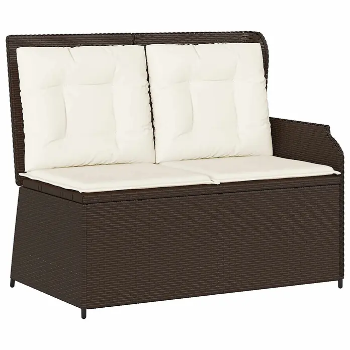 Furnicato Gartenbank Poly-Rattan Cremeweiß - B x T x H: 67 x 110 x 95 cm, Braun und Cremeweiß - Braune Rattan-Gartenbank mit Stauraum und zwei cremefarbenen Sitz- und Rückenkissen.